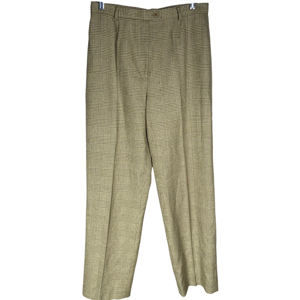 Talbots Womens Silk Wool Glen Plaid Trousers High Rise Pants Green Tan 12